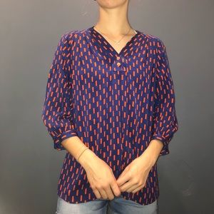 Diane Von Furstenburg Silk New Cahil Printed Top Blue and Orange 3/4 Sleeve